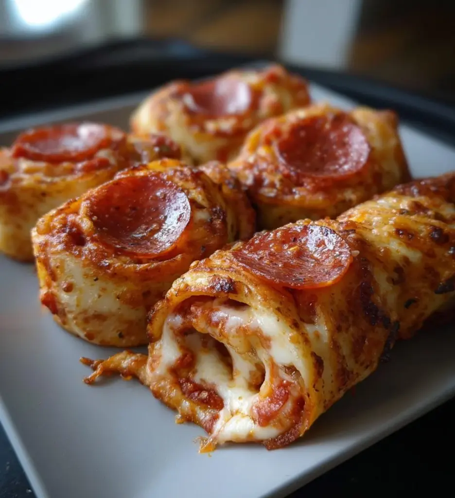 Delicious cheesy pepperoni pizza roll ups ready to be served.