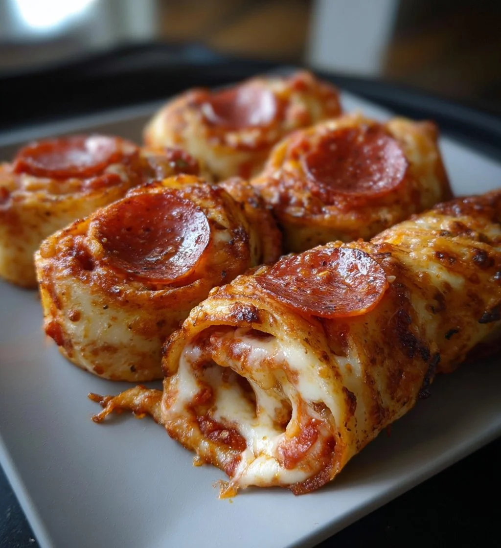 Delicious cheesy pepperoni pizza roll ups ready to be served.