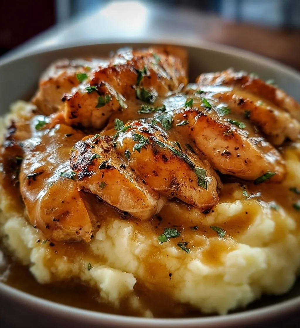 Chicken and garlic gravy served with cheesy mashed potatoes