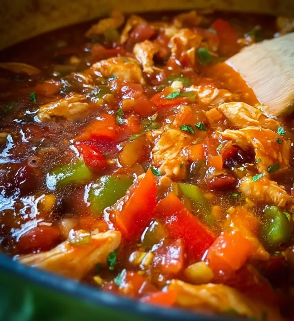 Bowl of hearty Chicken Fajita Soup garnished with fresh herbs and lime wedges.
