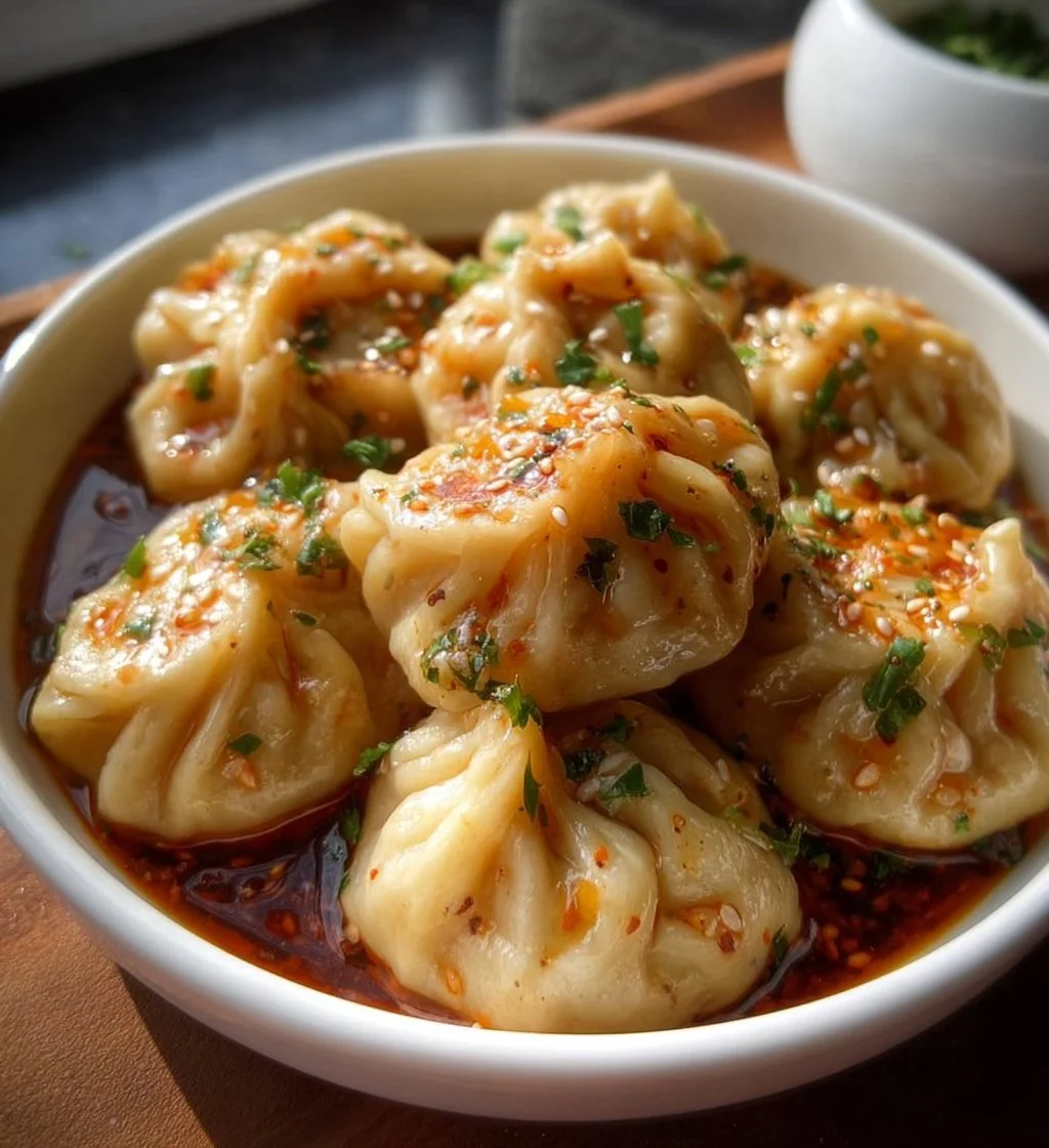 Plate of homemade Chicken Momo Dumplings ready to serve