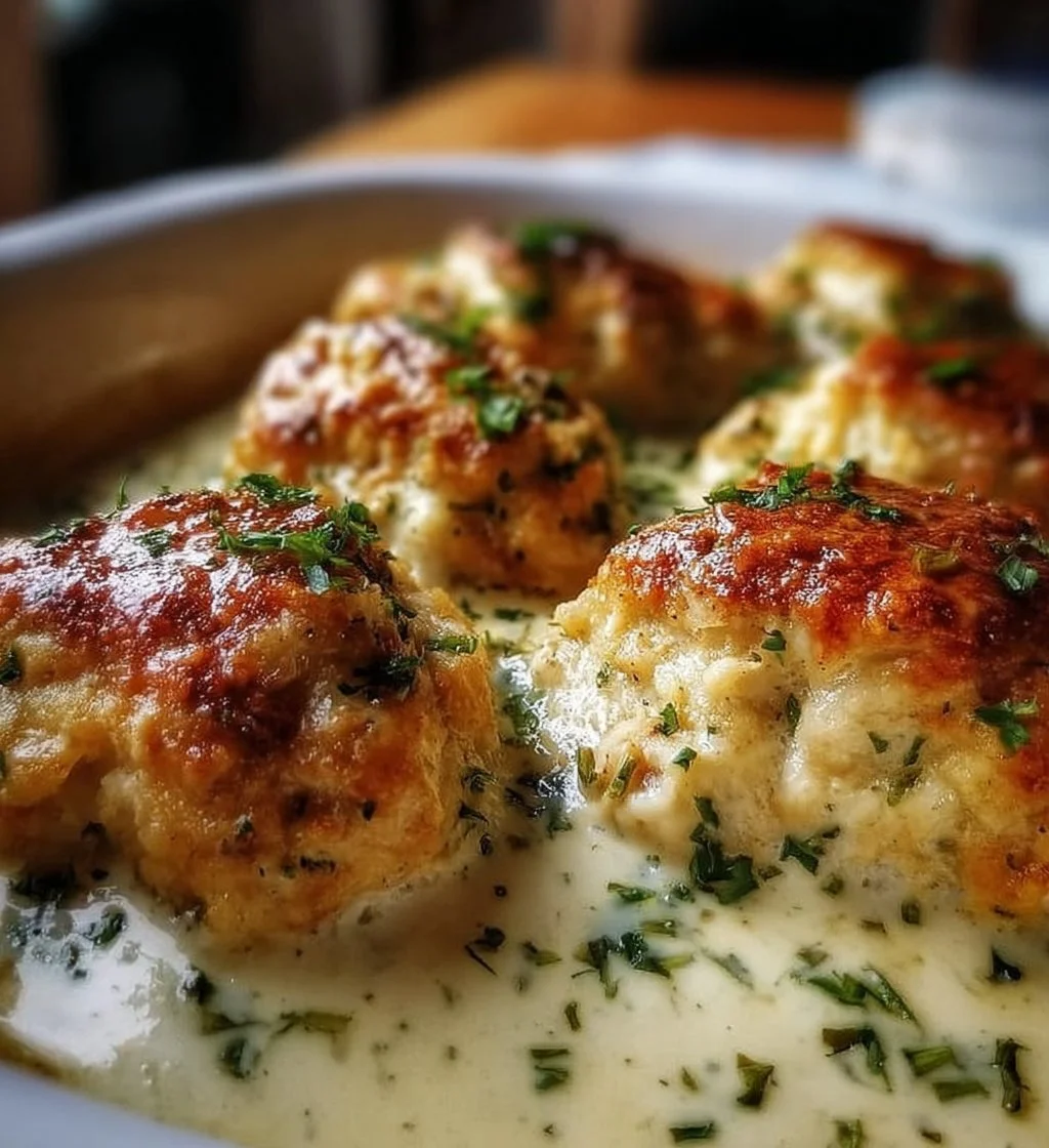 Chicken pillows served with creamy parmesan sauce in a plated dish