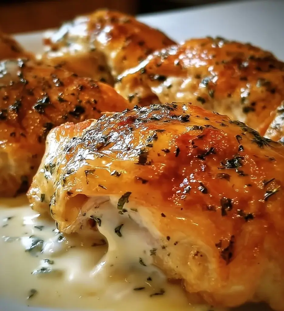 Delicious chicken pillows served with creamy Parmesan sauce on a plate.