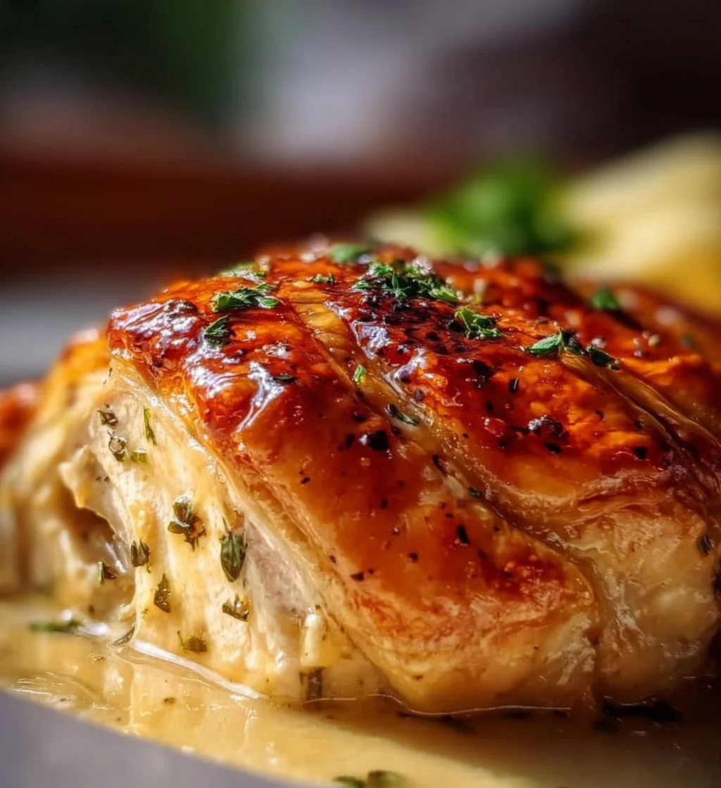 Delicious Chicken Wellington wrapped in golden flaky pastry