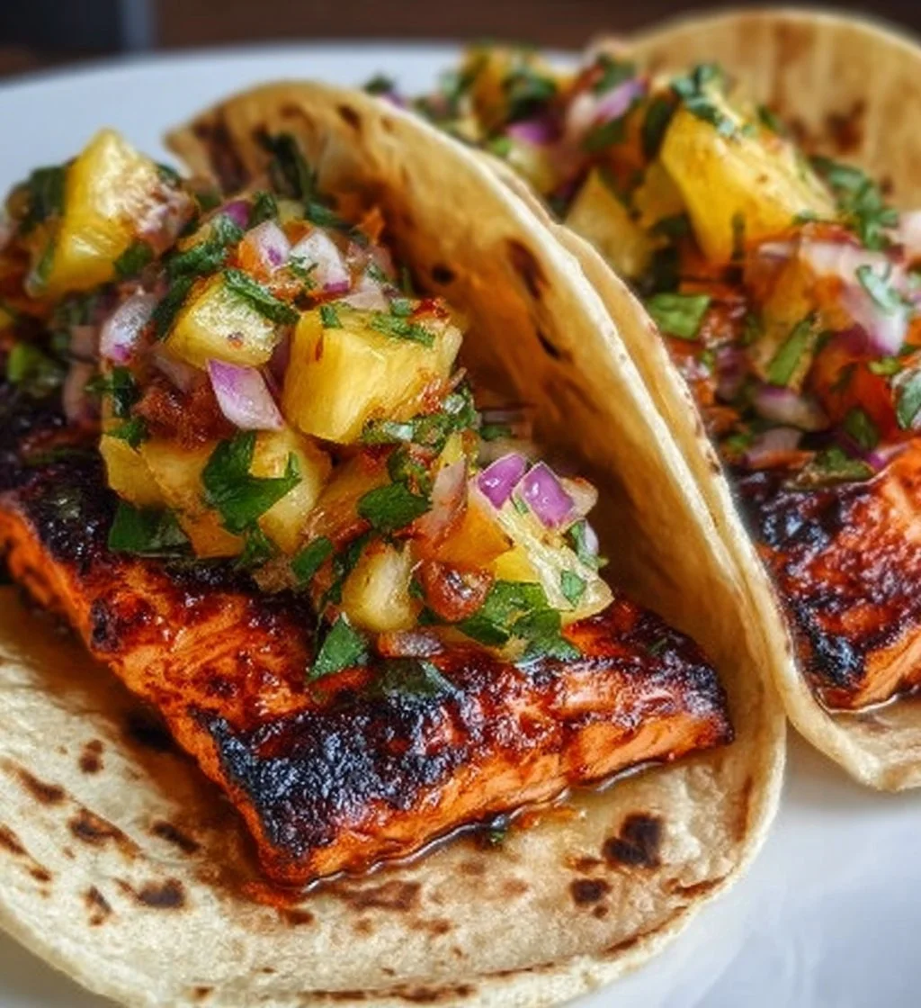 Chipotle honey salmon tacos garnished with fresh pineapple salsa