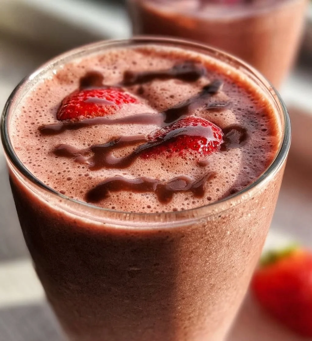 Chocolate-Covered Strawberry Protein Smoothie in a glass with fresh strawberries