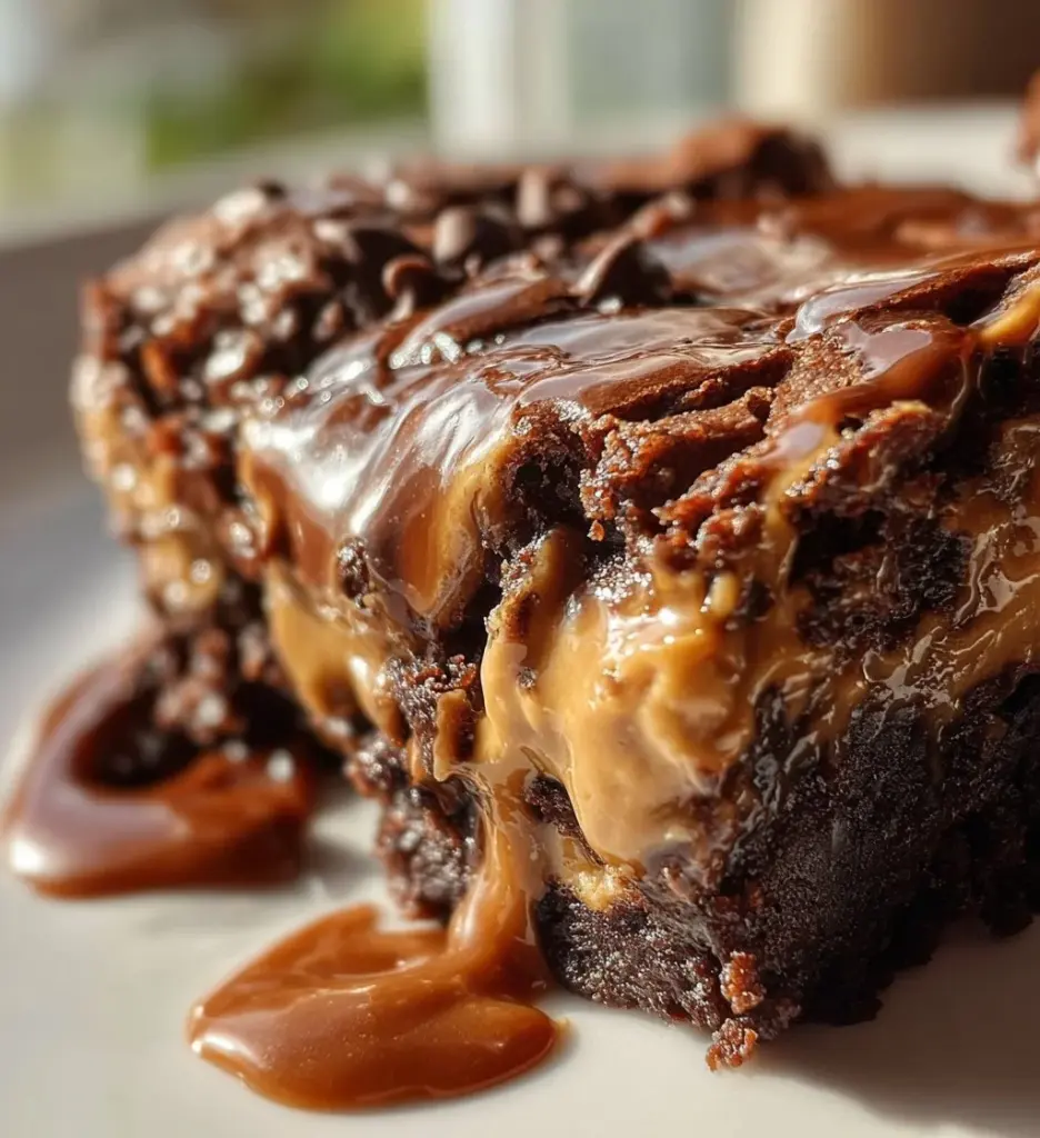 Chocolate Peanut Butter Earthquake Cake topped with chocolate and peanut butter