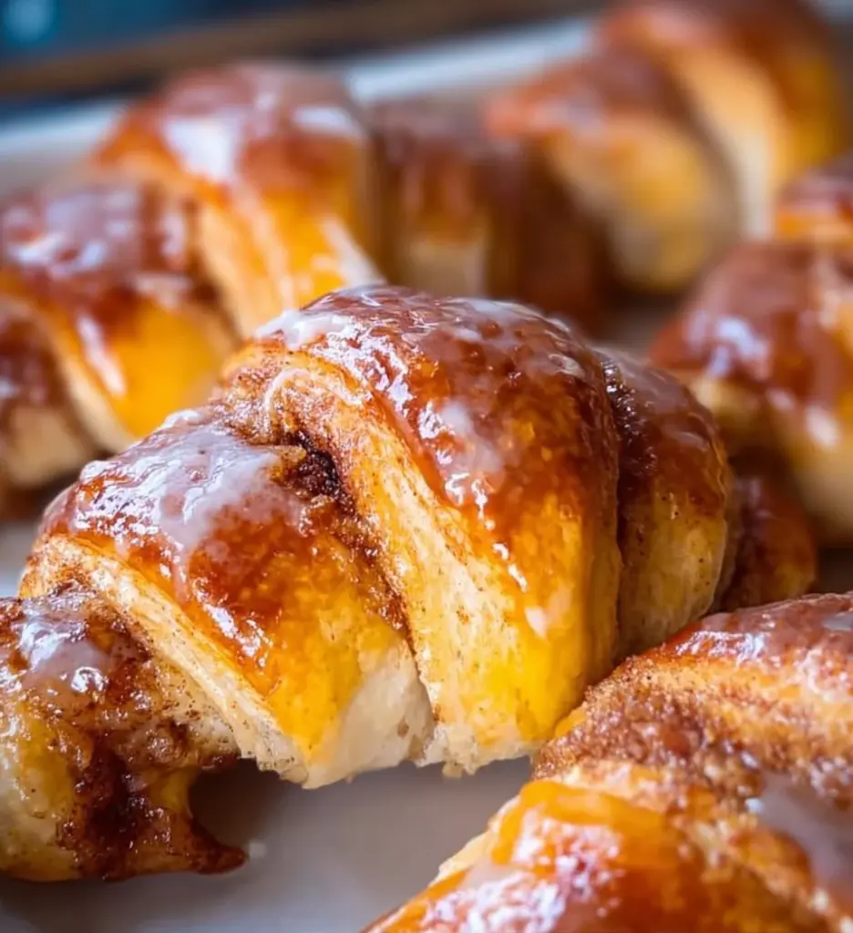 Freshly baked Cinnamon Crescent Rolls served on a plate with icing drizzled on top.