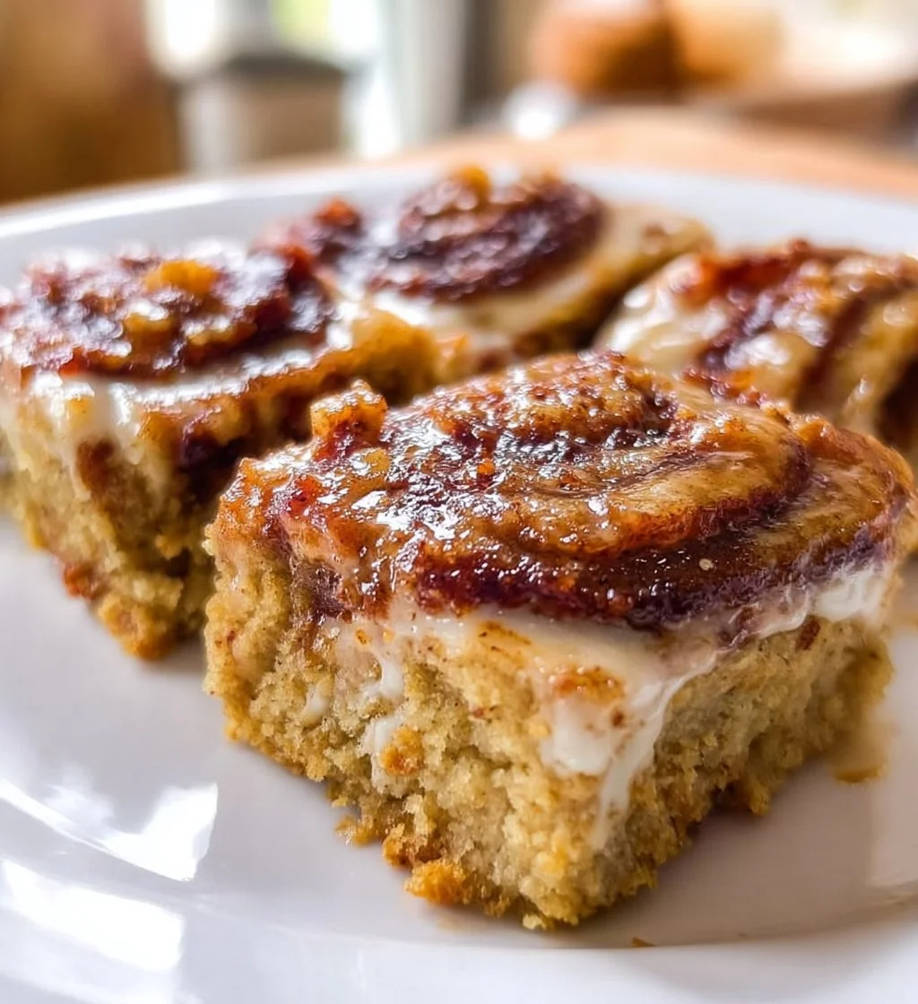 Delicious Cinnamon Roll Bliss Bars topped with icing and cinnamon swirl