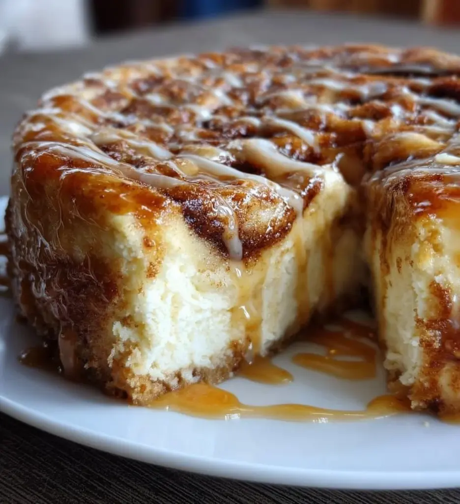 Delicious cinnamon roll cheesecake topped with a cinnamon swirl