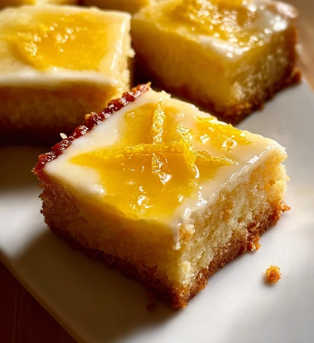 Citrus Greek Yogurt Lemon Bars with a lemon garnish on a white plate