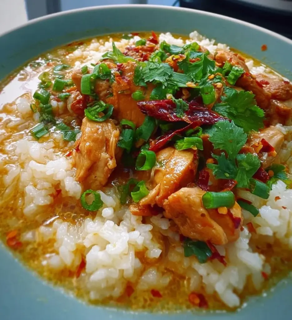 Bowl of Coconut Chicken Brothy Rice with herbs and spices
