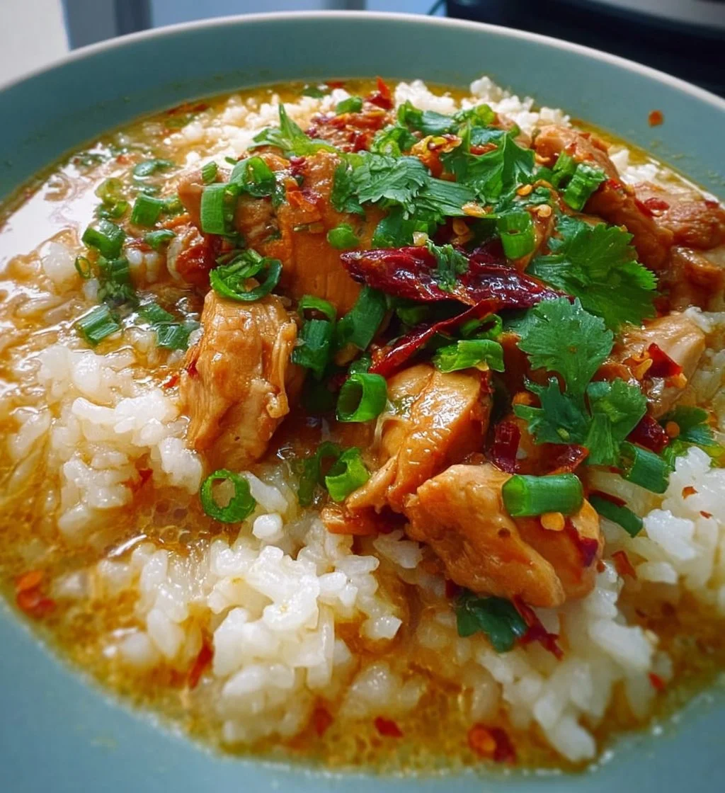 Bowl of Coconut Chicken Brothy Rice with herbs and spices