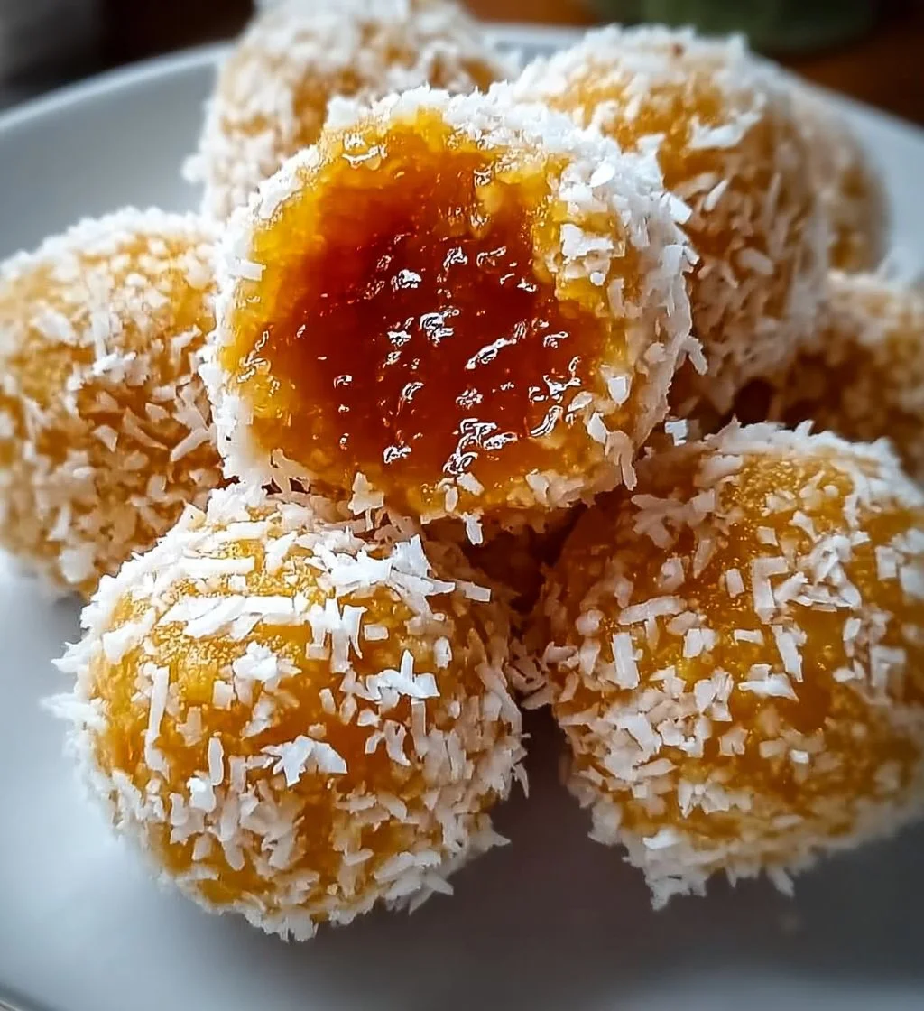 Delicious Coconut Mango Bliss Balls garnished with coconut flakes.