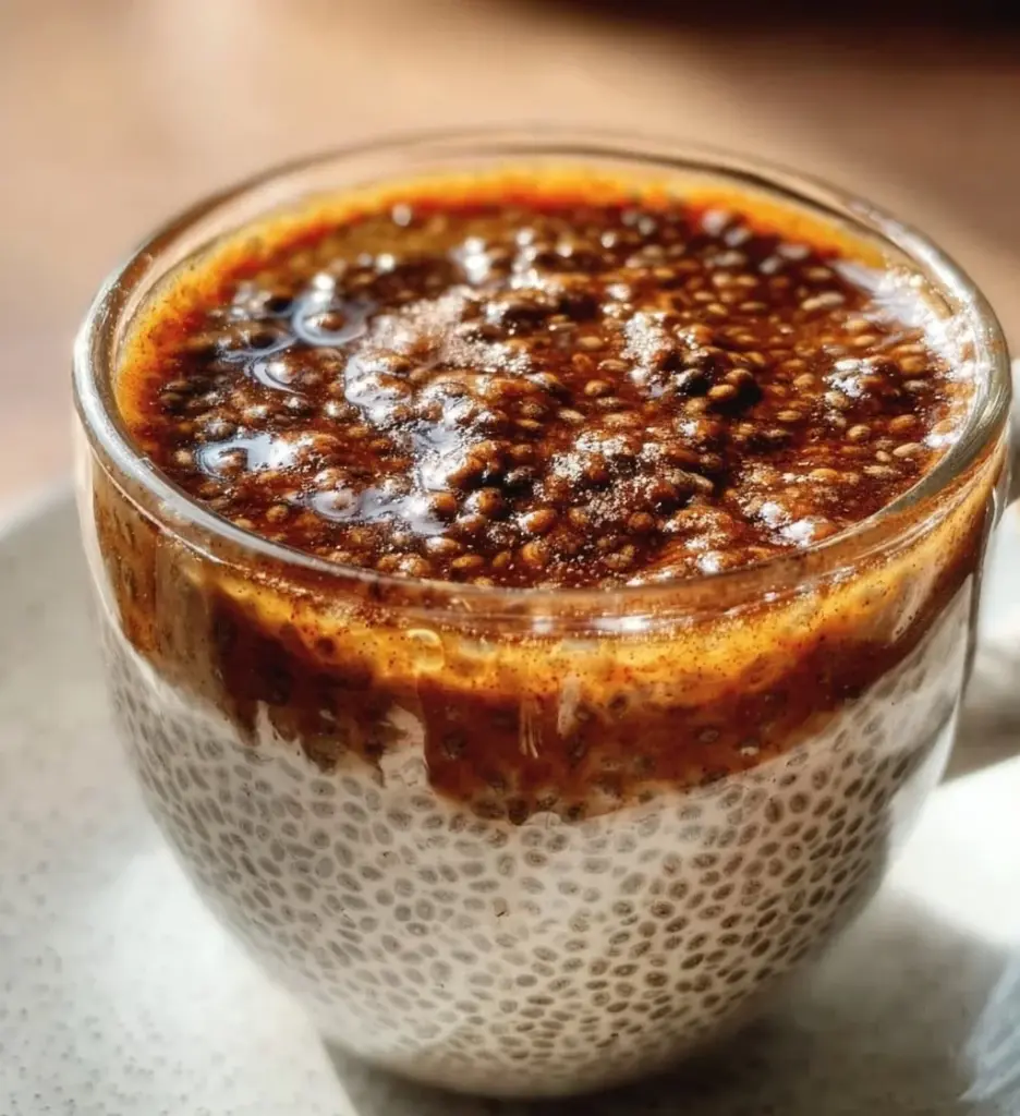Bowl of coffee chia seed pudding topped with nuts and berries