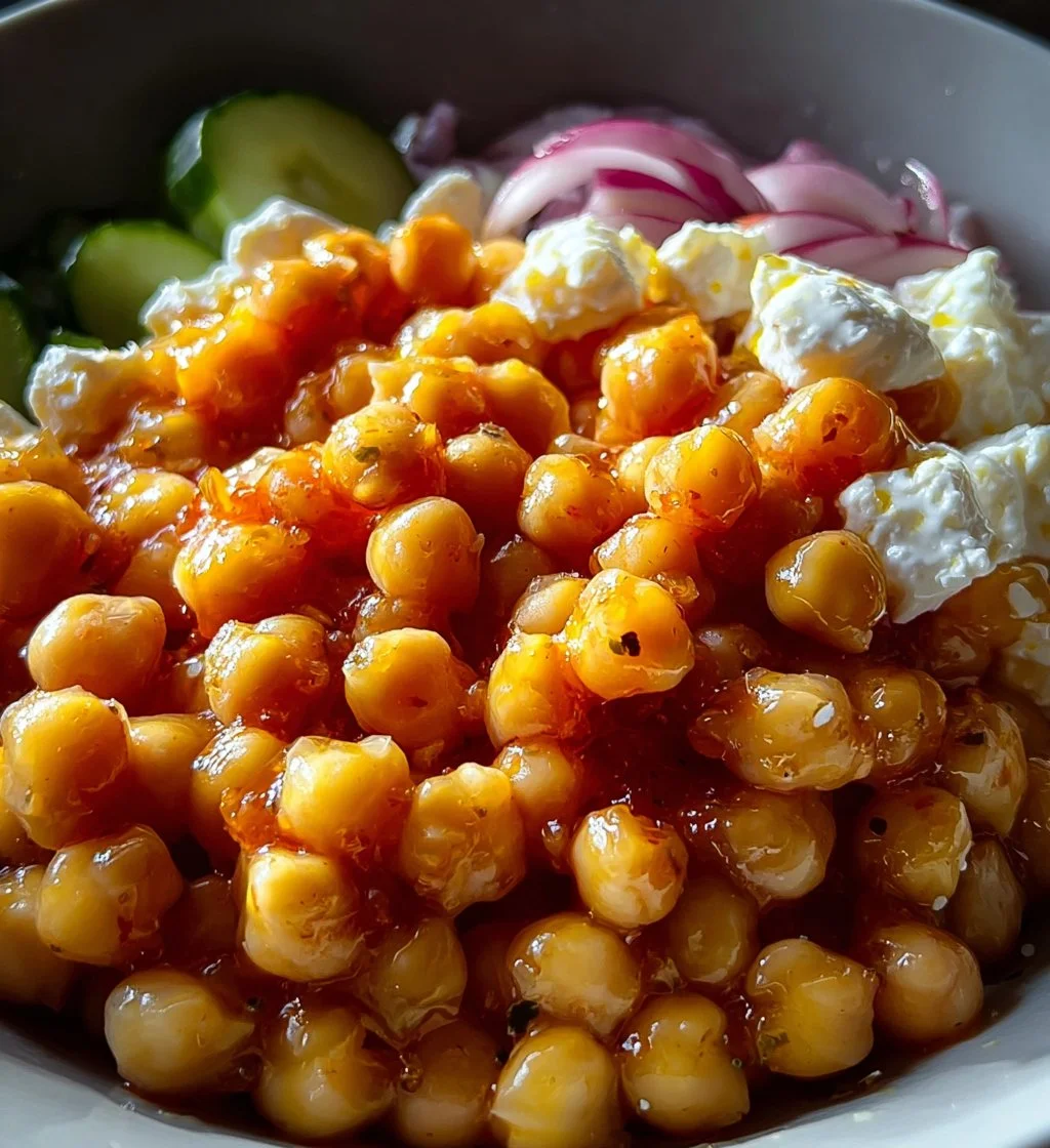 Cottage Cheese and Chickpea Salad in a bowl with fresh vegetables.