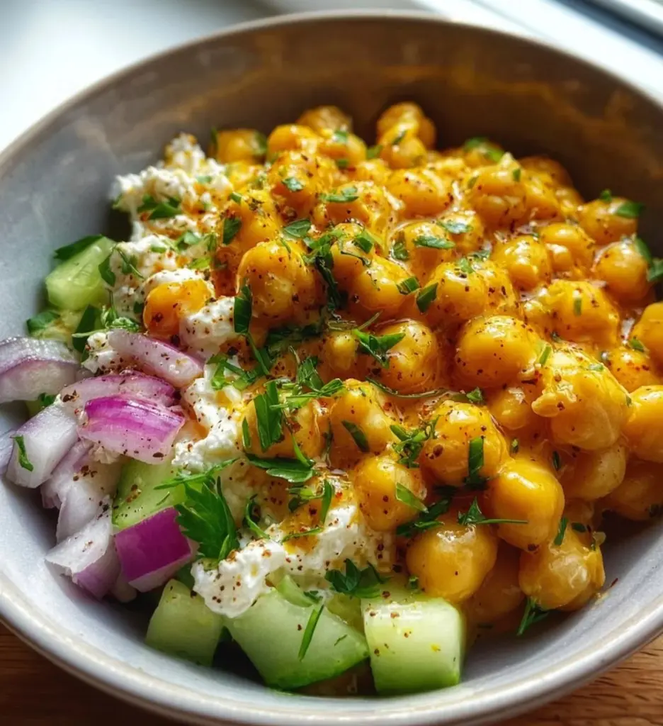 Cottage Cheese and Chickpea Salad with fresh vegetables in a bowl