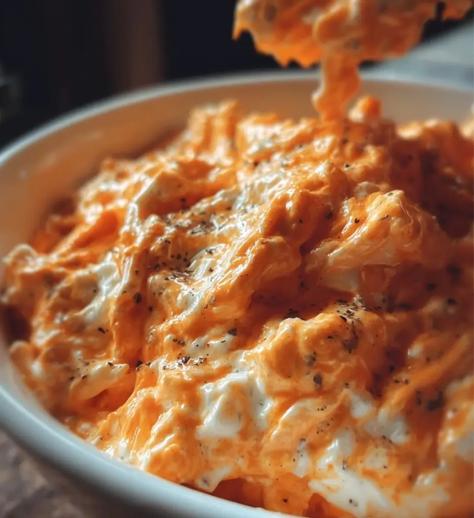 Delicious Cottage Cheese Buffalo Chicken Dip served in a bowl with tortilla chips.