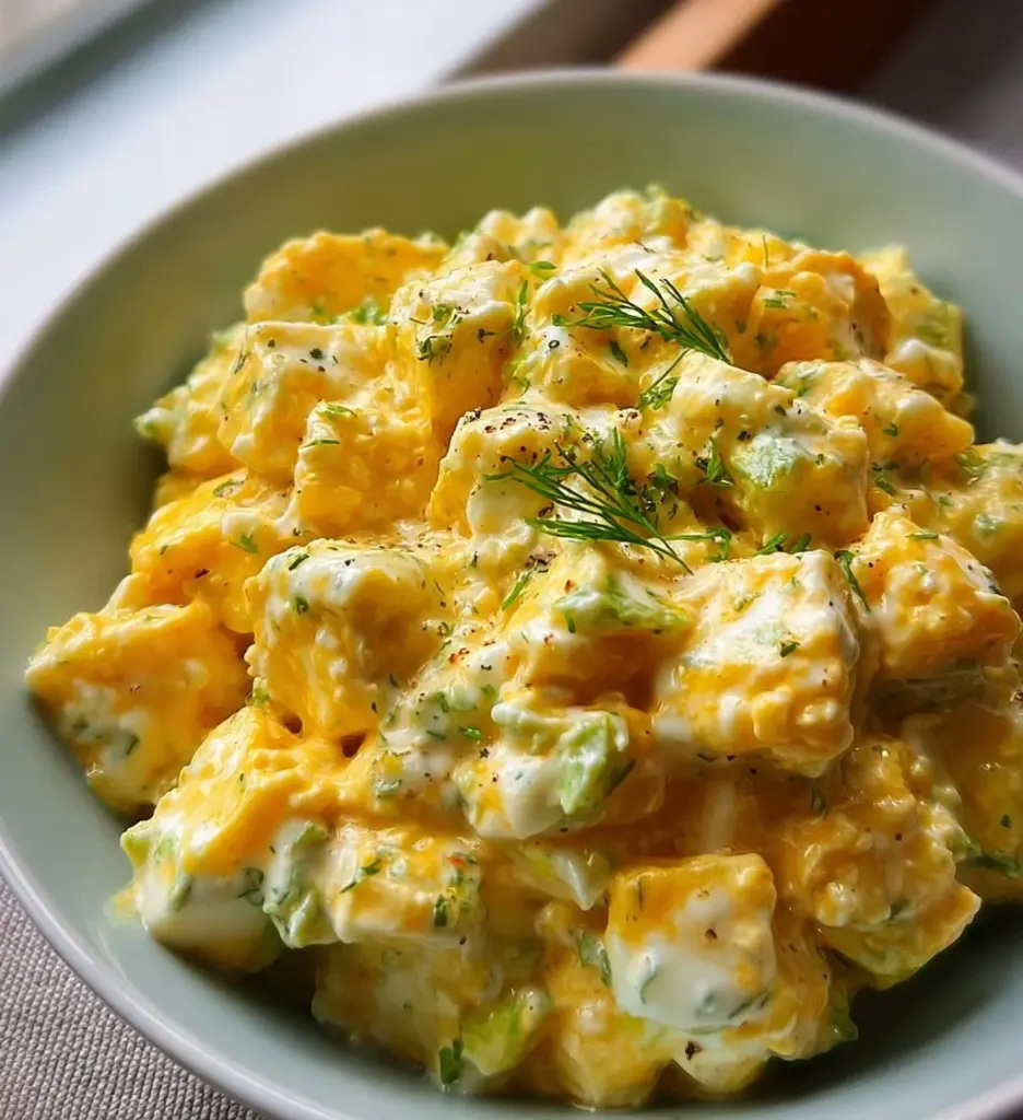 Cottage cheese egg salad in a bowl garnished with herbs and spices