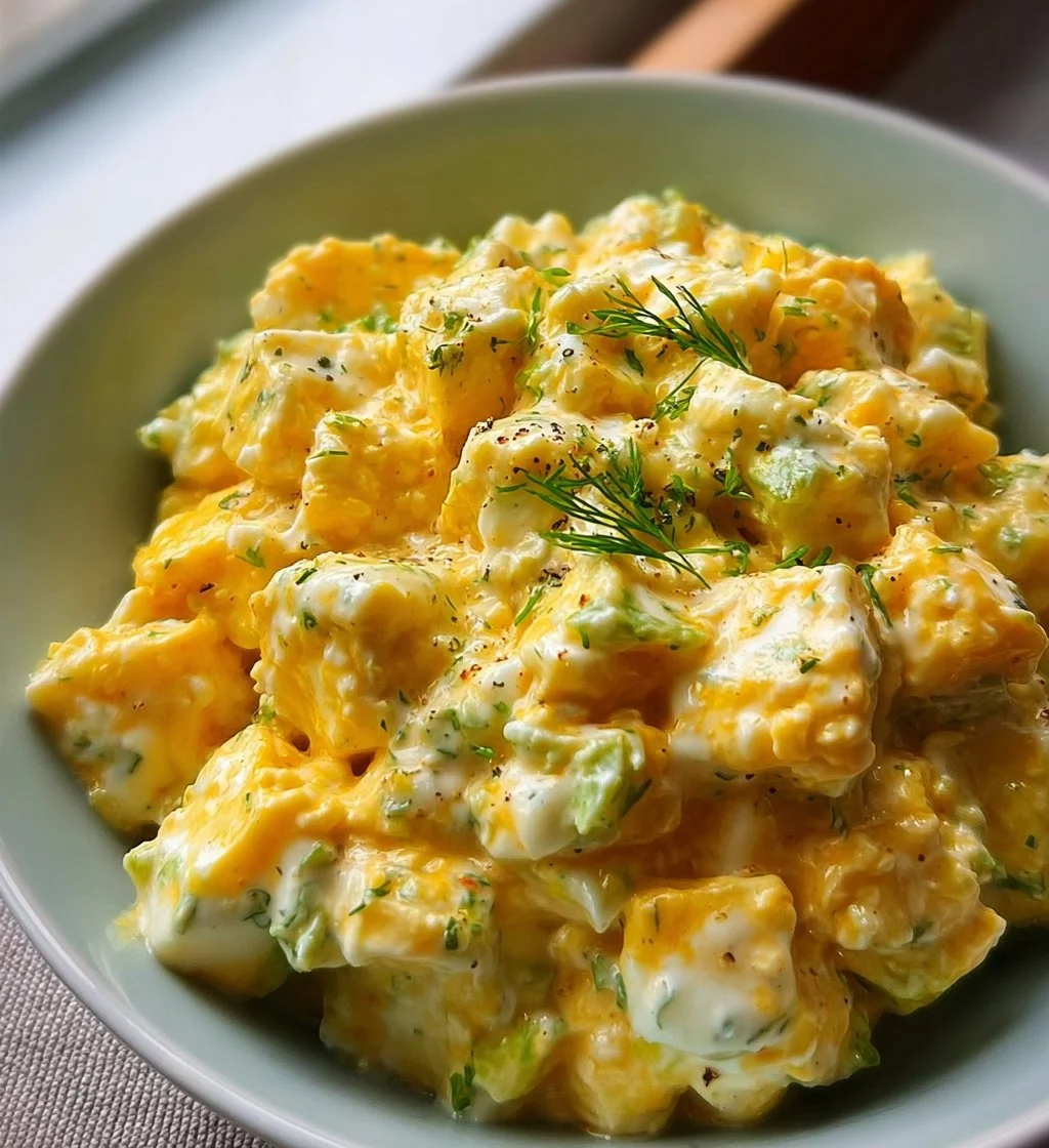 Cottage cheese egg salad in a bowl garnished with herbs and spices