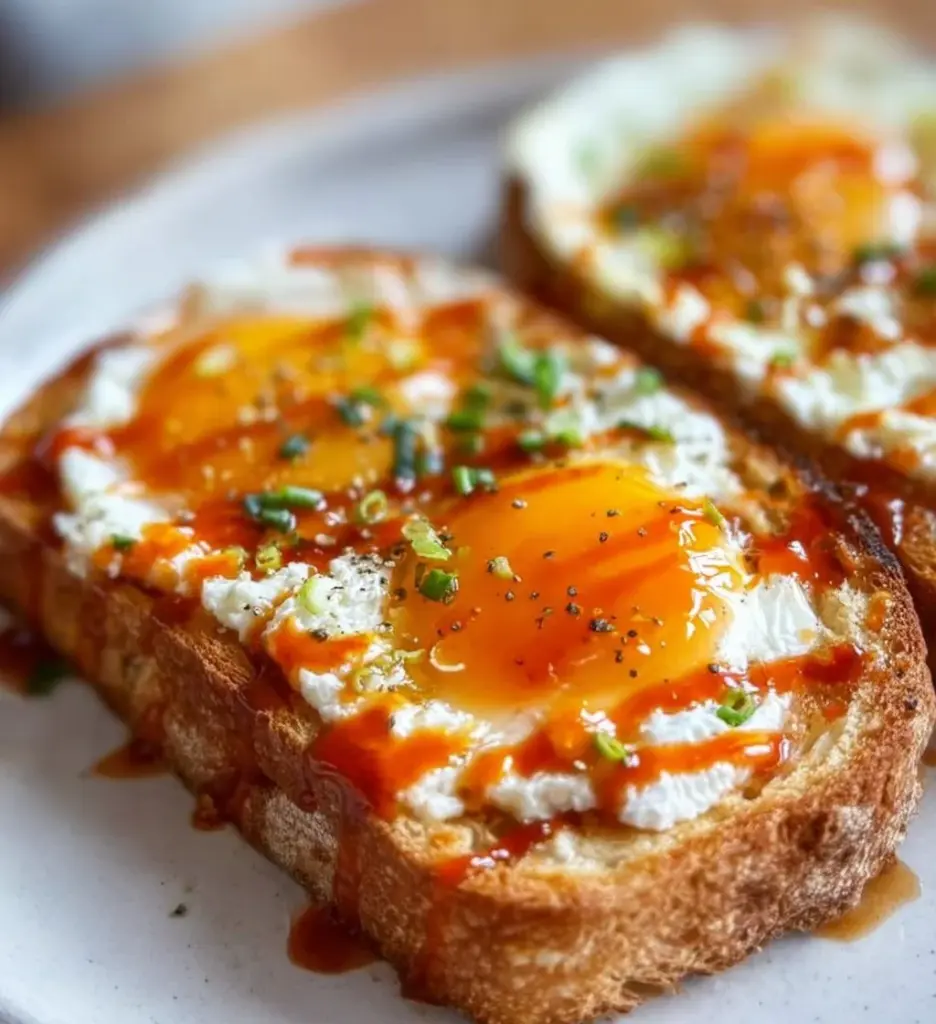 Cottage Cheese Egg Toast topped with Sriracha on a wooden table