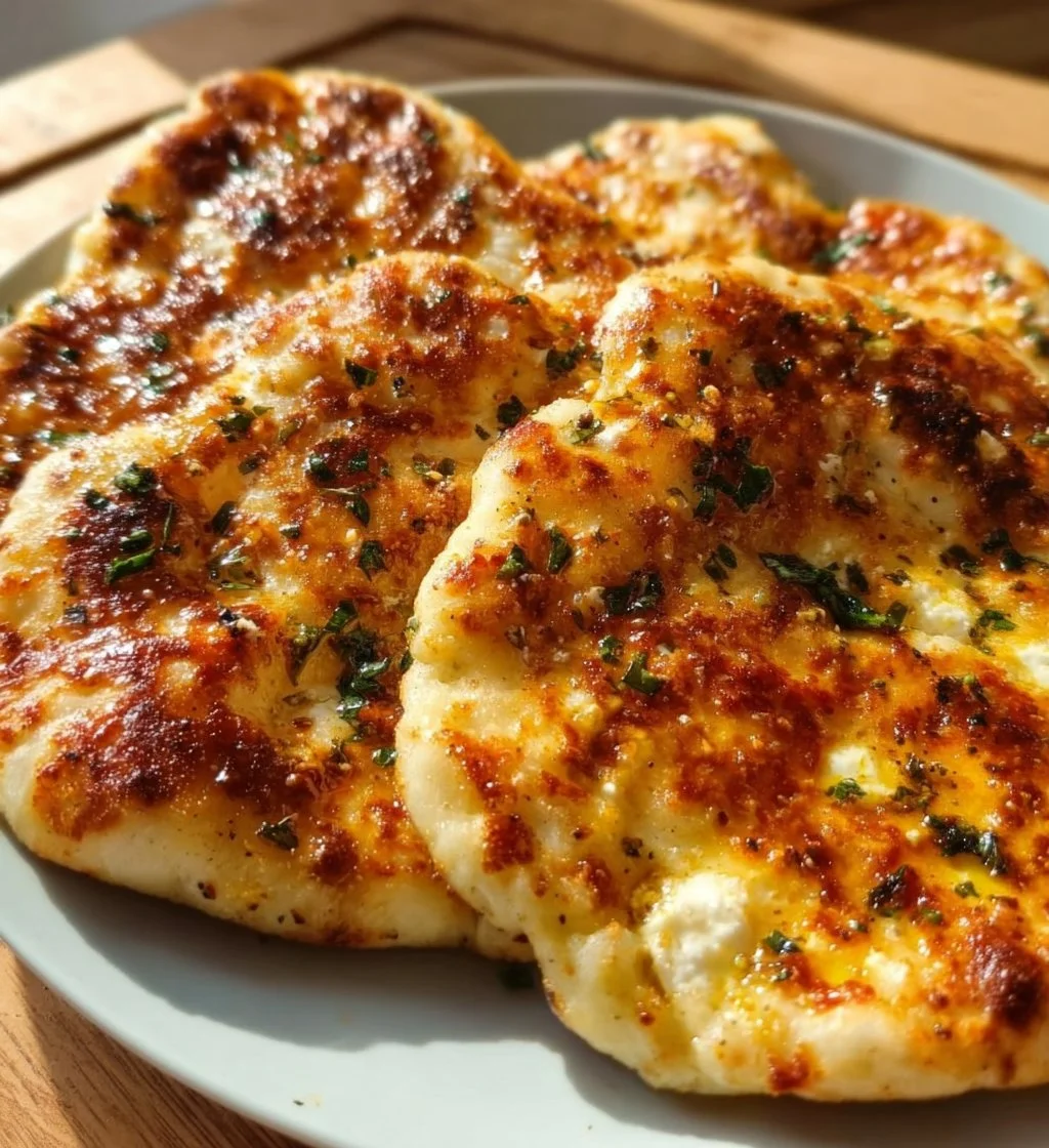 Homemade cottage cheese flatbread served on a wooden platter with toppings.