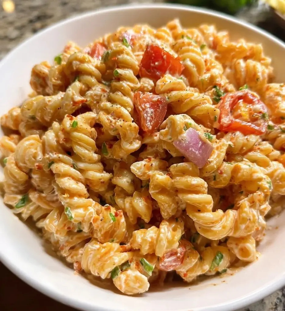 Bowl of colorful Cottage Cheese Pasta Salad with fresh vegetables