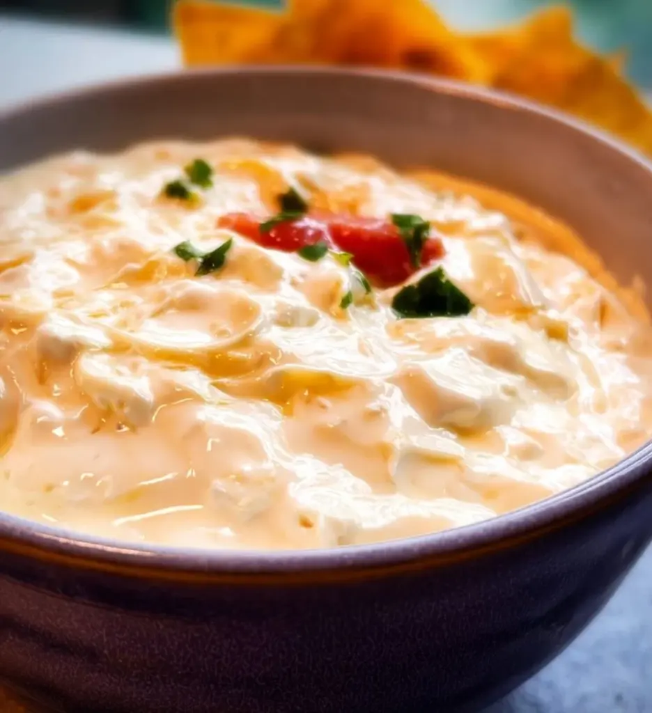A bowl of cottage cheese queso dip with tortilla chips on the side.