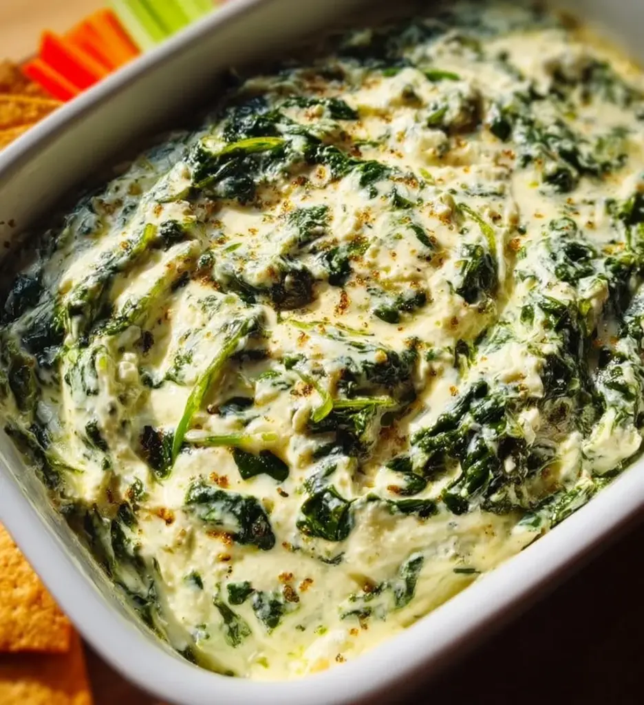 Creamy cottage cheese spinach dip served in a bowl with fresh veggies