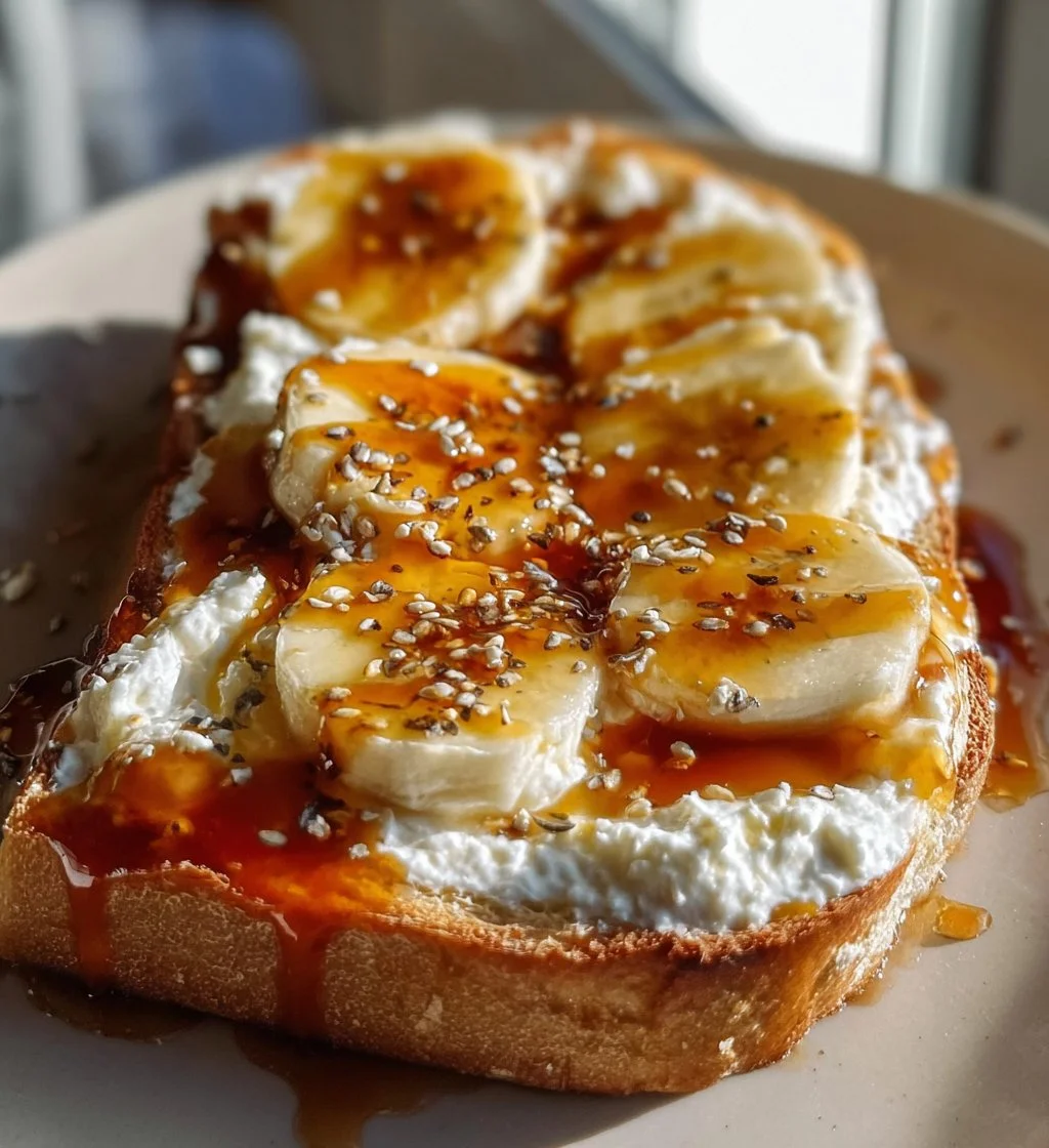 Cottage cheese toast topped with banana slices, a healthy breakfast idea