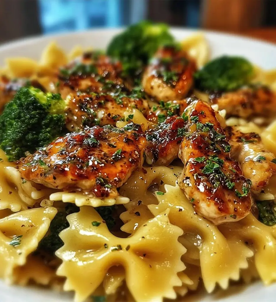 Cowboy Butter Lemon Bowtie Chicken served with Broccoli in a delicious plate.