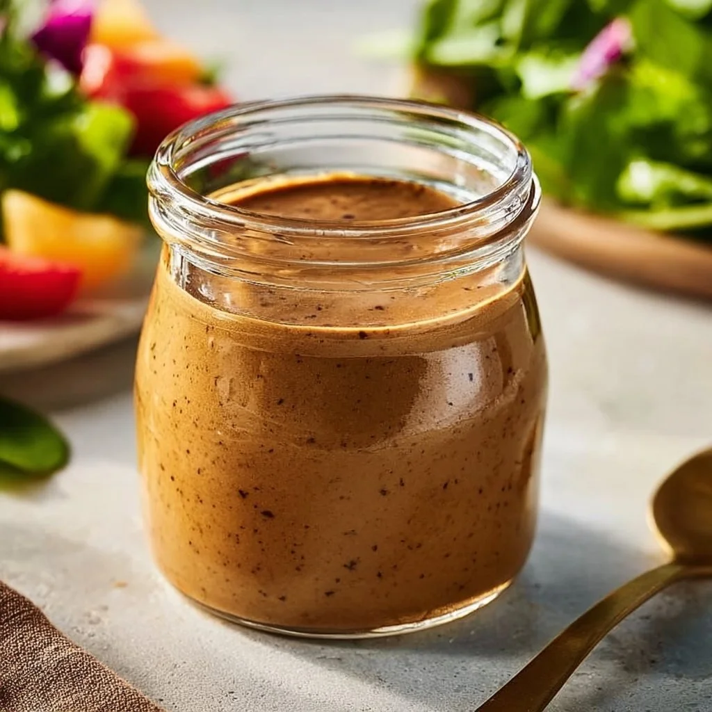 Homemade creamy balsamic dressing in a glass jar with fresh ingredients