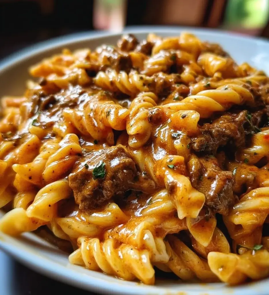 Creamy beef pasta dish served in a bowl topped with herbs