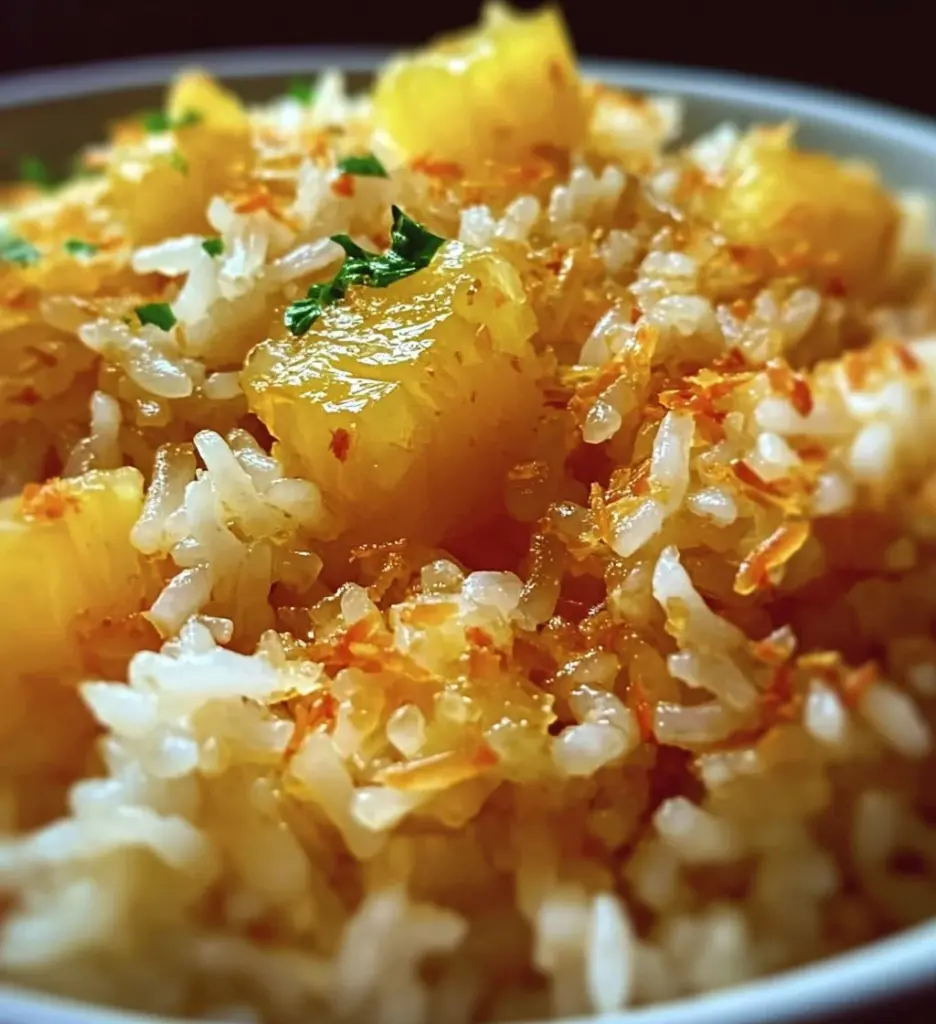 Bowl of creamy Coconut Pineapple Rice garnished with fresh pineapple and coconut.