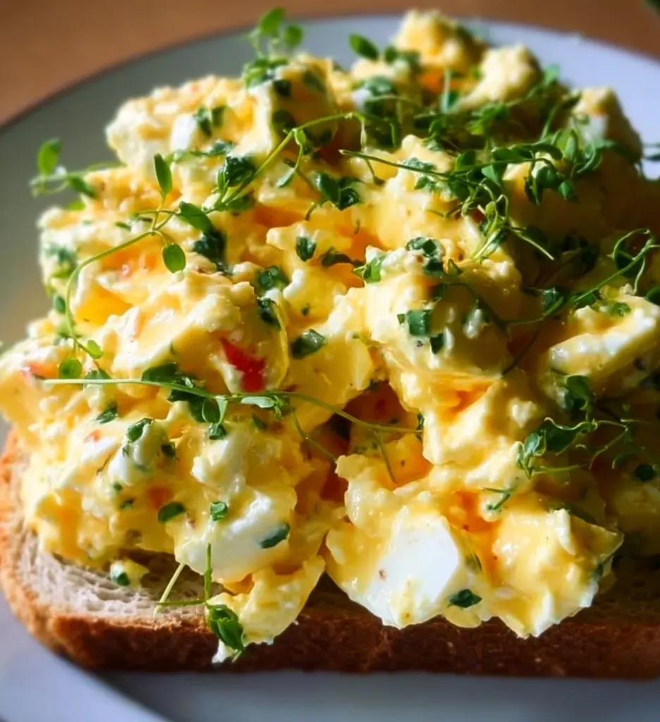 Creamy cottage cheese egg salad served in a bowl with fresh herbs