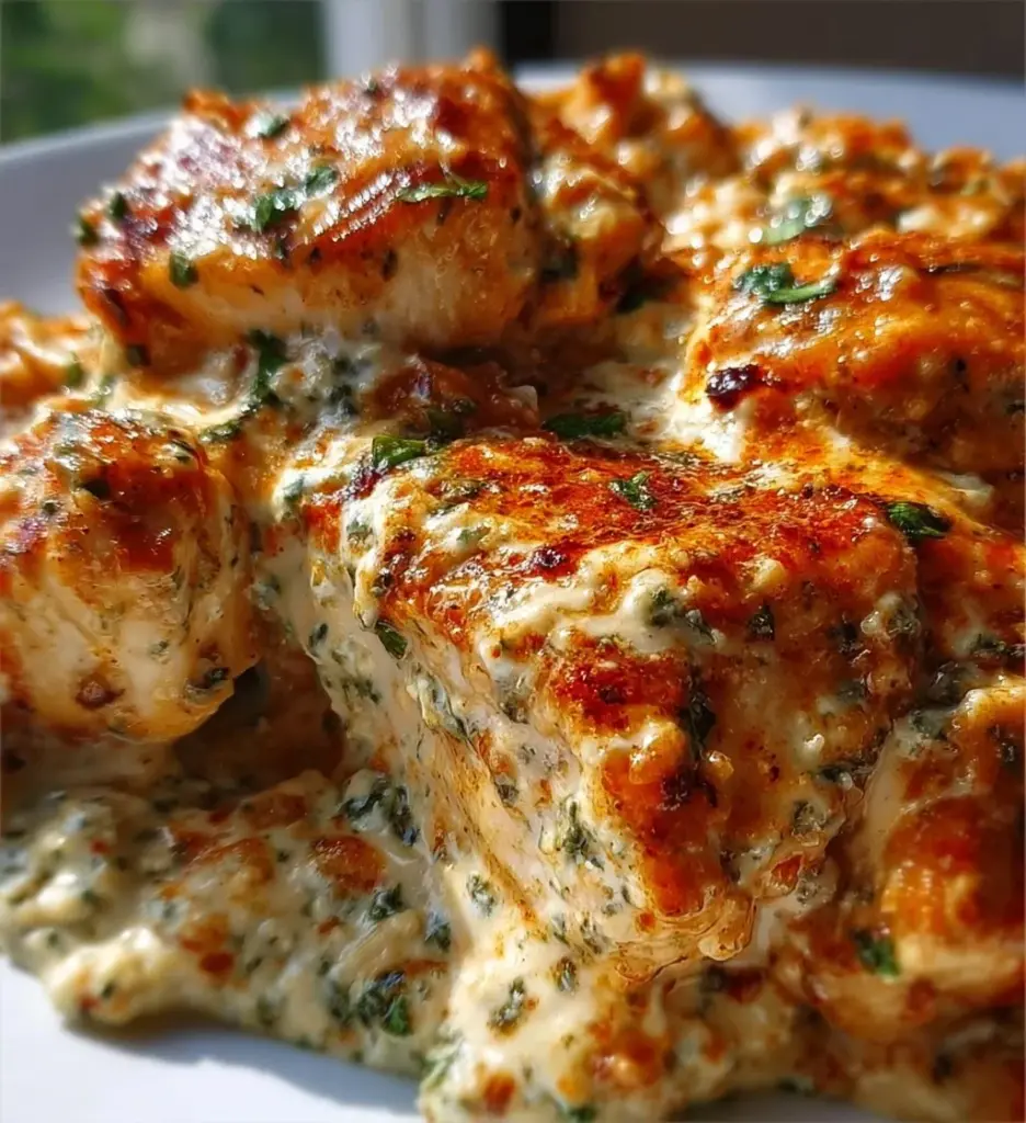 Creamy high-protein cottage cheese chicken bake dish topped with herbs