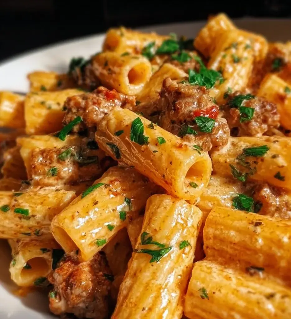 Creamy Italian sausage rigatoni garnished with herbs and cheese