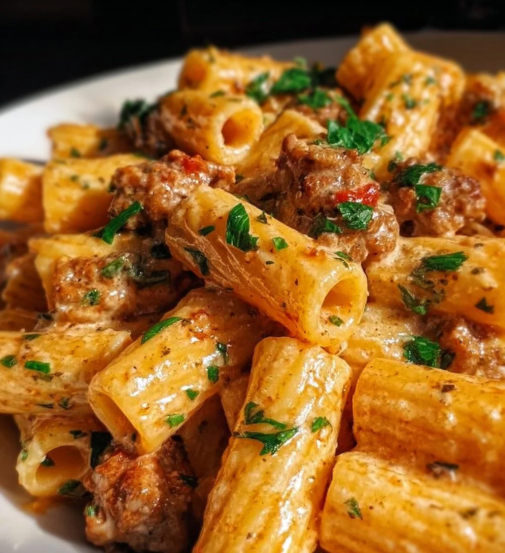 Creamy Italian sausage rigatoni garnished with herbs and cheese