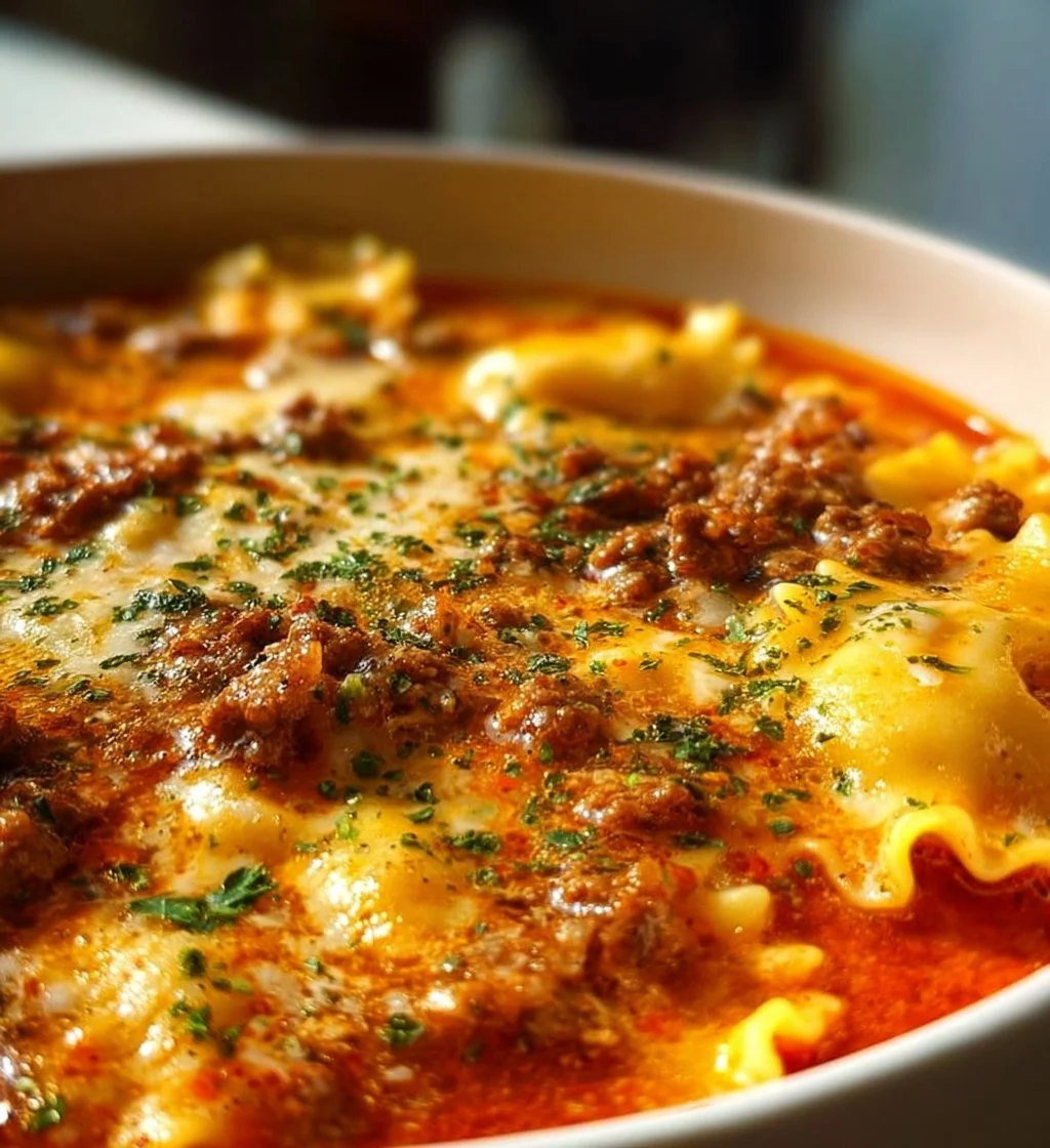 Bowl of creamy lasagna soup with sausage and ground beef topped with cheese.