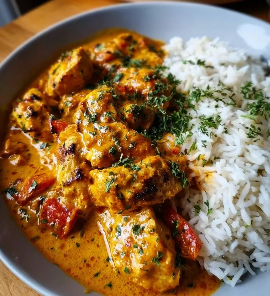 Creamy peri peri chicken dish served with rice, topped with herbs.