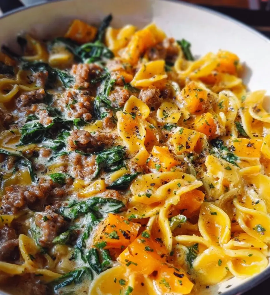 Plate of creamy roasted butternut squash pasta with sausage and spinach