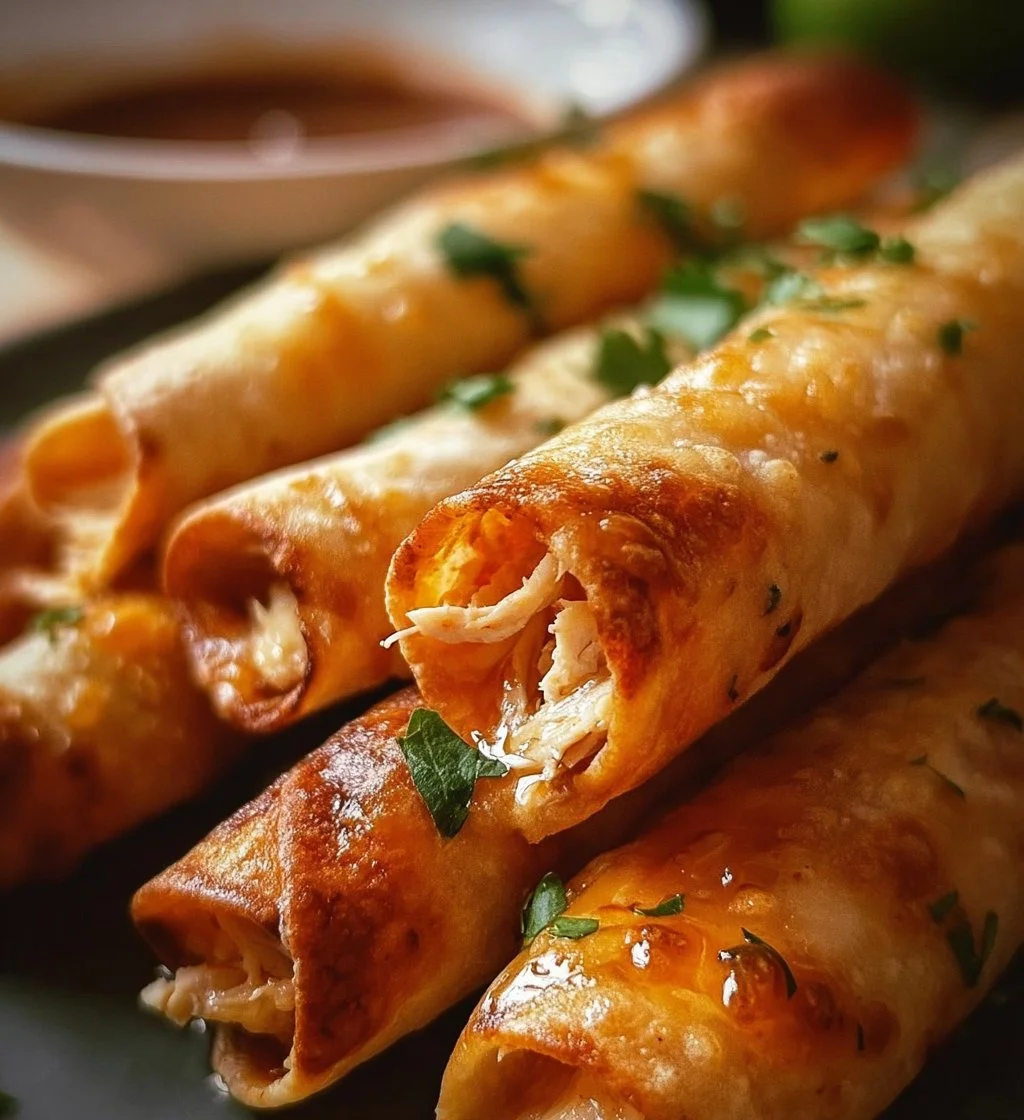 Crispy Chicken Taquitos plated with salsa and garnished with cilantro.