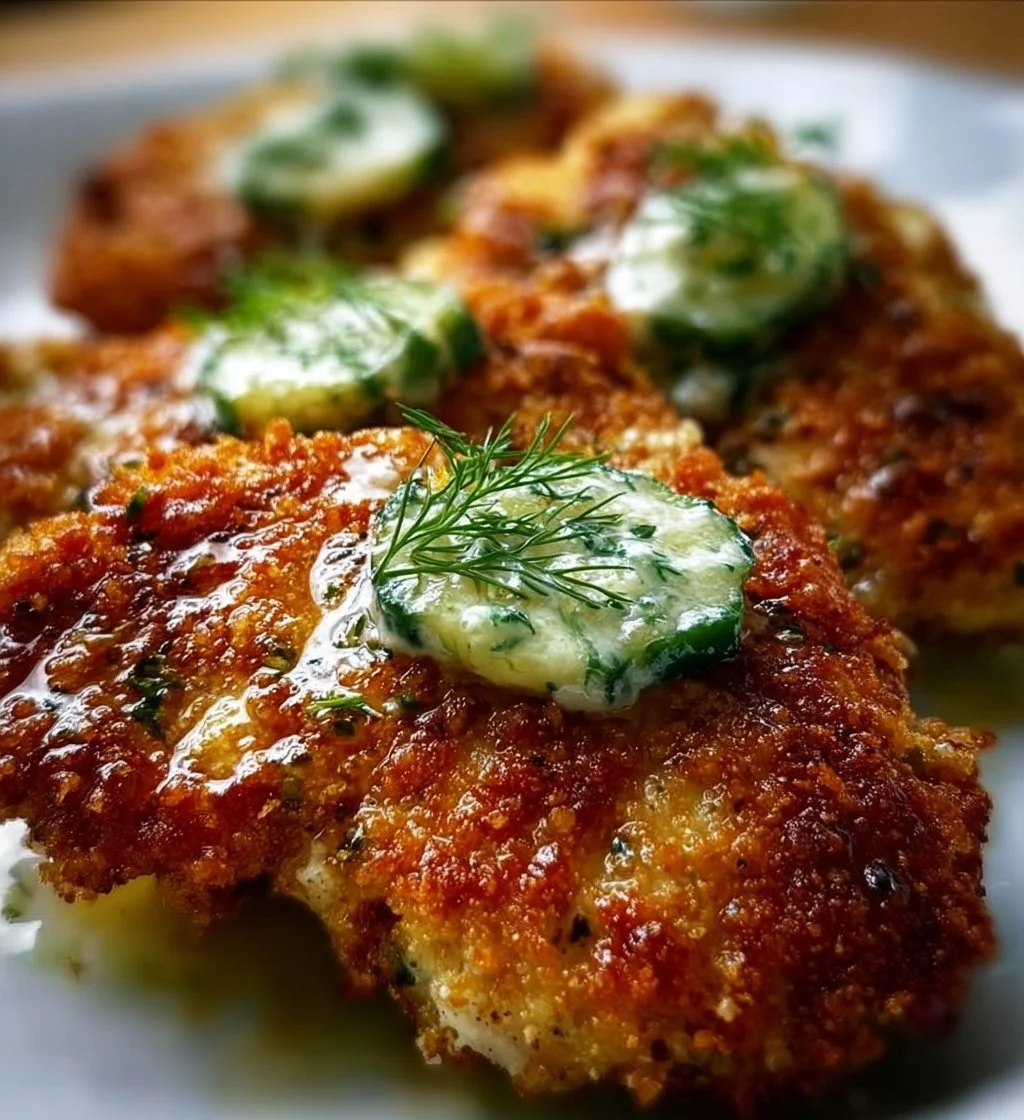 Crispy Dill Pickle Chicken with Parmesan crust, garnished with dill.