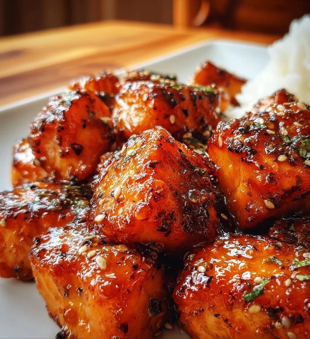Crispy honey garlic salmon bites garnished with green onions