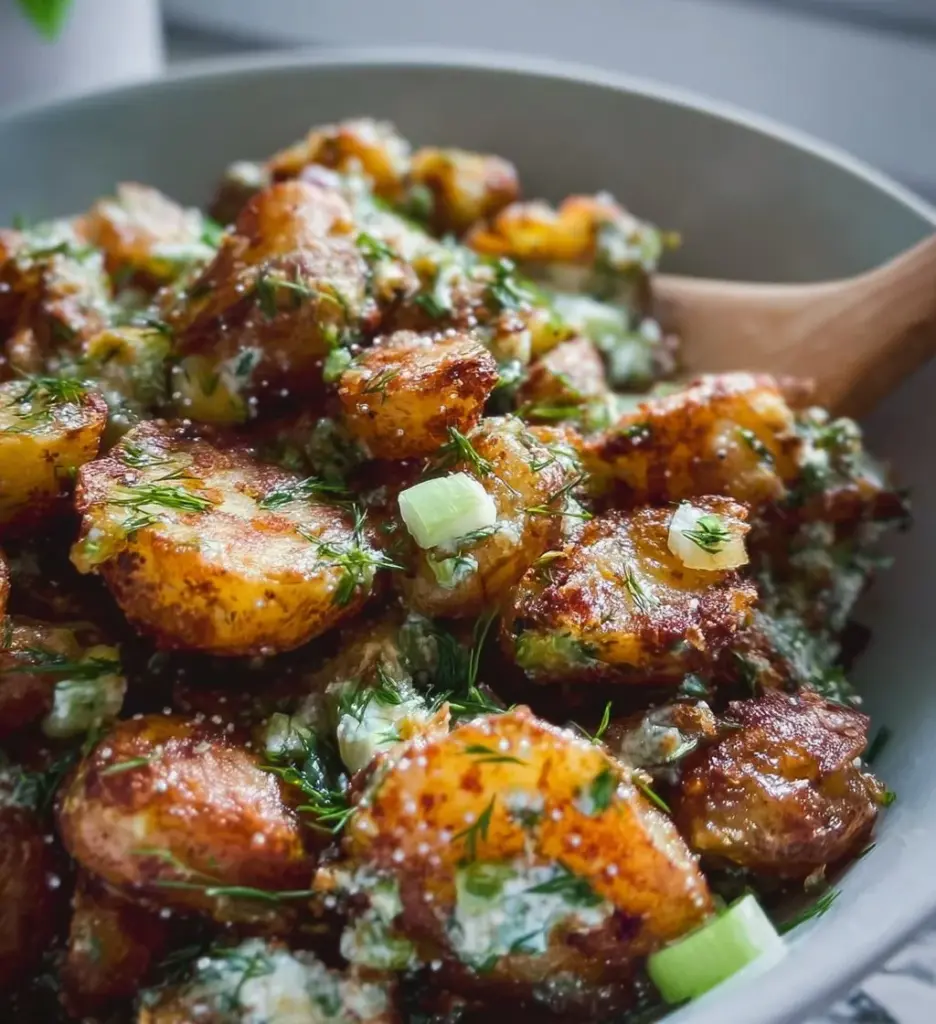 Crispy smashed potato salad in a bowl garnished with herbs and spices