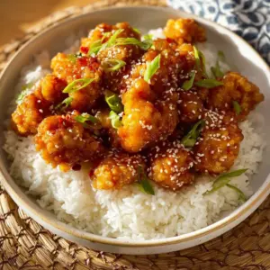 Plate of crispy sweet chilli chicken garnished with green onions and sesame seeds