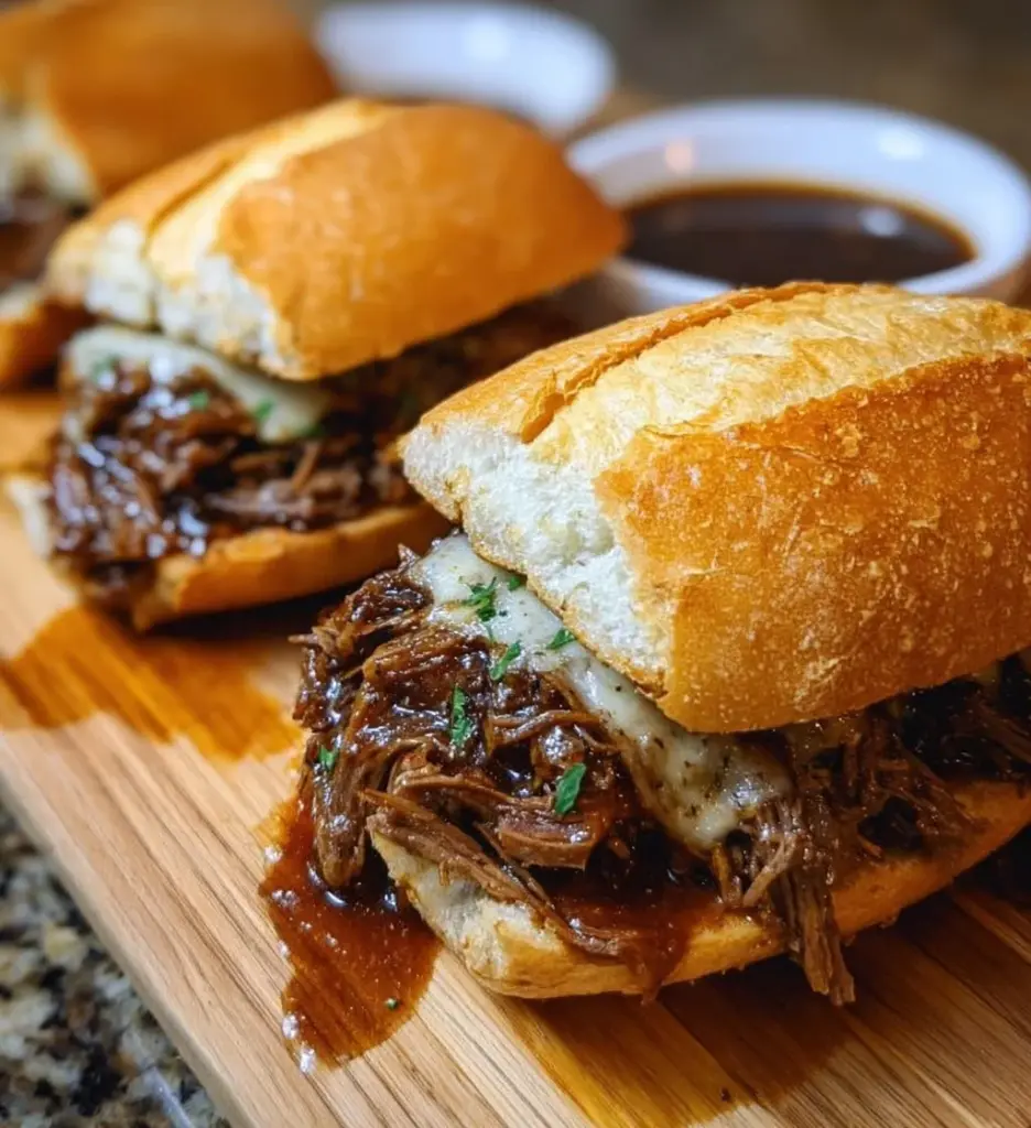 Slow cooker French dip sandwiches served with au jus in a rustic setting.
