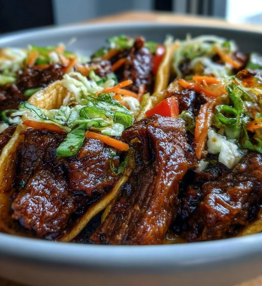 Crockpot Korean beef tacos topped with fresh ingredients on a plate.