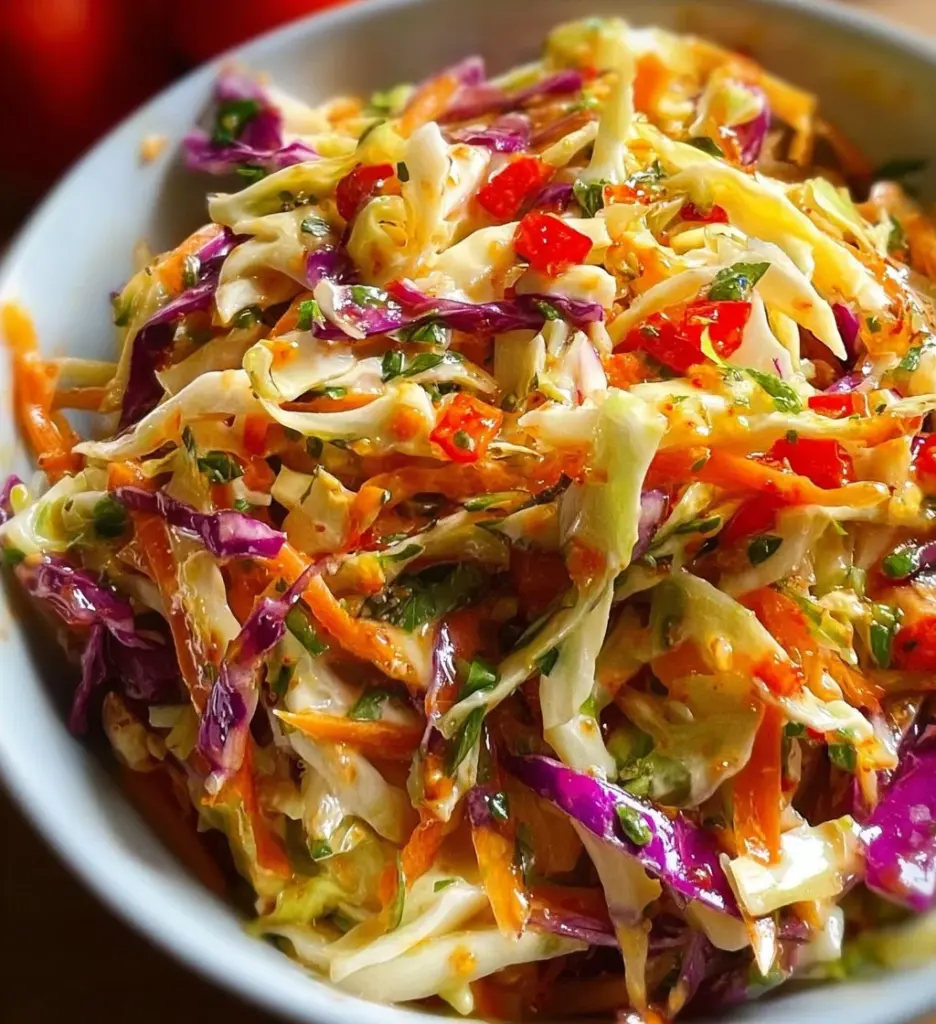 Bowl of colorful Dairy-Free Mexican Coleslaw with fresh ingredients