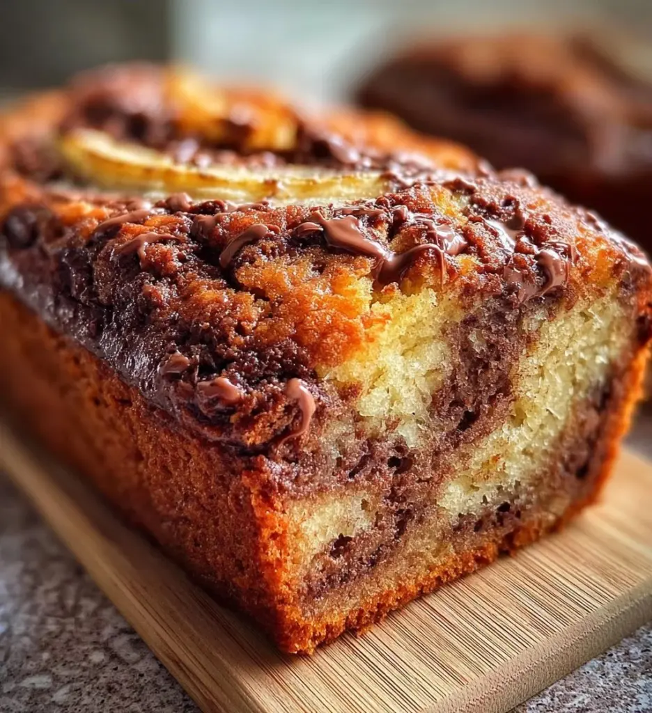 Decadent Nutella swirl banana bread freshly baked and sliced